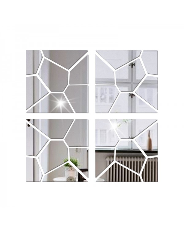 4Pcs 20*20CM DIY 3D Geometry Acrylic Mirror Wall Sticker Removable Pattern Mural Decal Art Home Decor - Silver