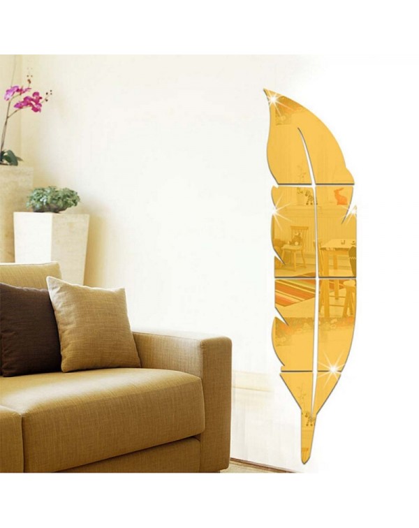 3D Acrylic Removable DIY Feather Mirror Wall Sticker Self-adhesive Mural Home Decoration - Golden