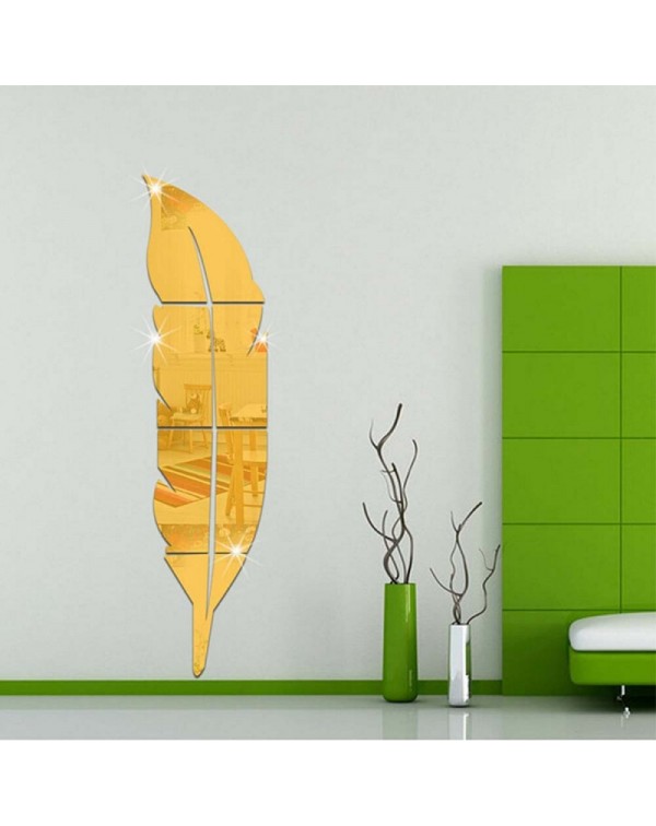 3D Acrylic Removable DIY Feather Mirror Wall Sticker Self-adhesive Mural Home Decoration - Golden