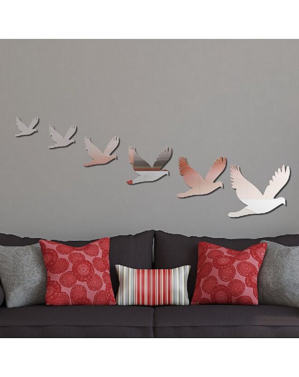 6pcs Peace Doves Shape Mirror Wall Solid Stickers Silver