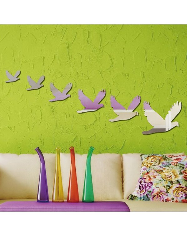 6pcs Peace Doves Shape Mirror Wall Solid Stickers Silver