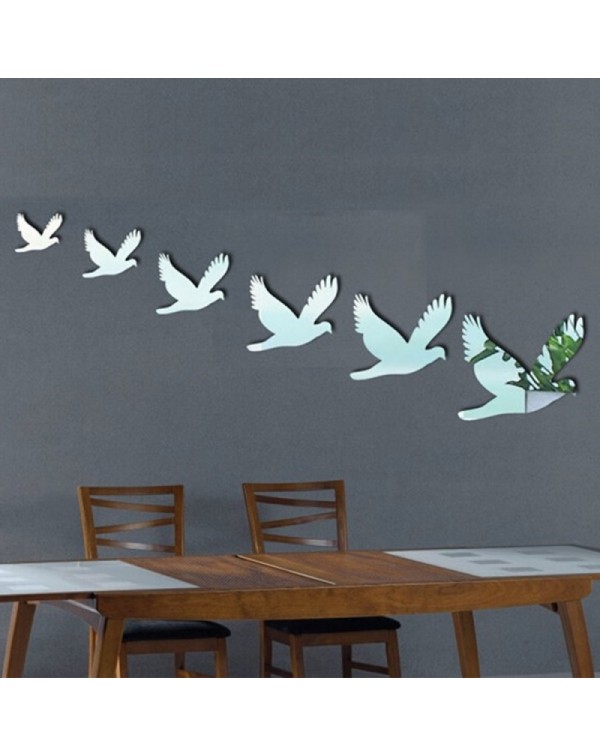 6pcs Peace Doves Shape Mirror Wall Solid Stickers Silver