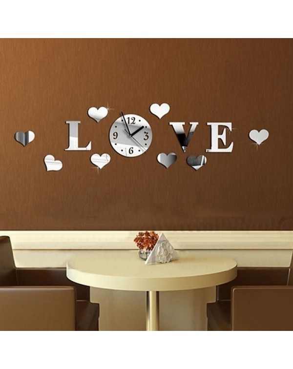 Heart  Love Pattern DIY Luxury Wall Art Acrylic Clock Mirror Stickers for Home Decoration Silver