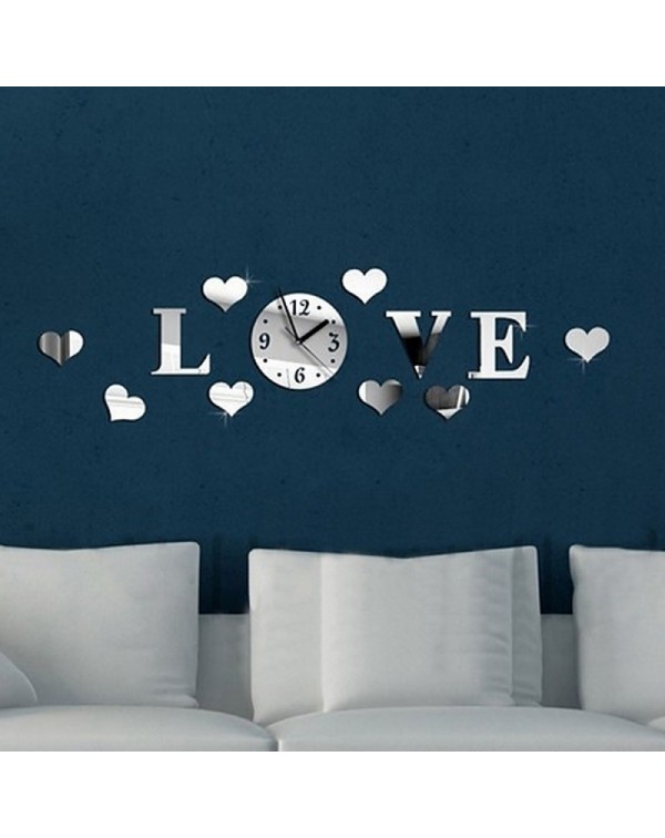 Heart  Love Pattern DIY Luxury Wall Art Acrylic Clock Mirror Stickers for Home Decoration Silver