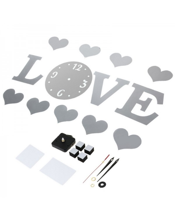 Heart  Love Pattern DIY Luxury Wall Art Acrylic Clock Mirror Stickers for Home Decoration Silver