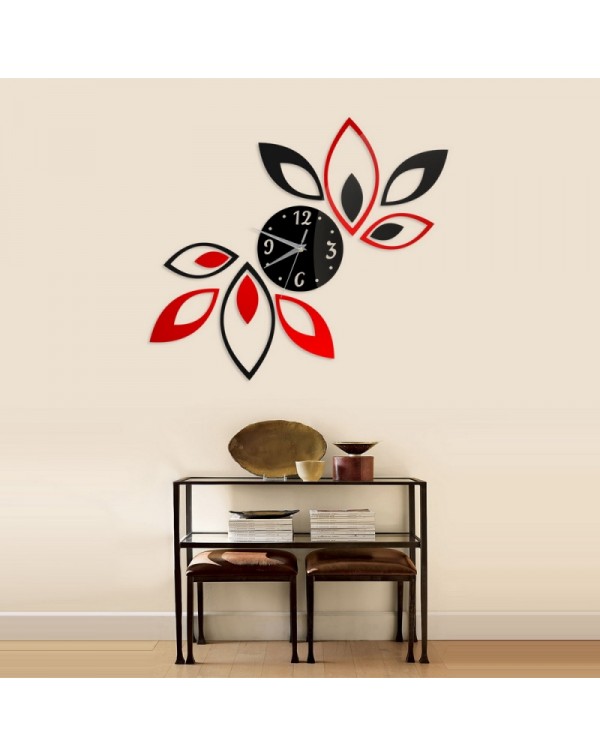 Fashion Home Decoration Lotus DIY 3D Acrylic Mirror Clock Wall Sticker Red  Black