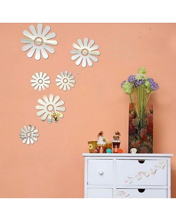 6pcs Sweet Little Flowers Style Acrylic Mirror Wall Sticker Silver