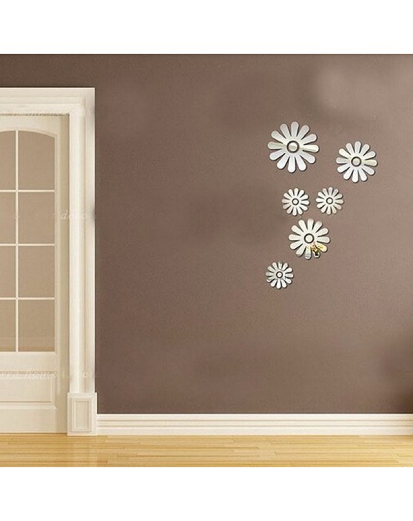 6pcs Sweet Little Flowers Style Acrylic Mirror Wall Sticker Silver