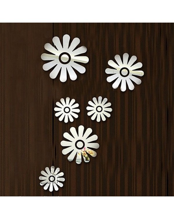 6pcs Sweet Little Flowers Style Acrylic Mirror Wall Sticker Silver