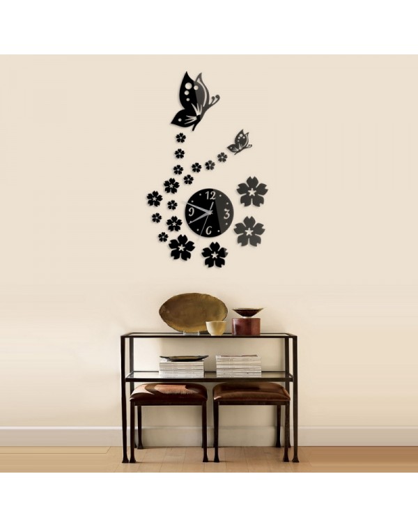 Butterfly  Flower Wall Clock 3D Acrylic Mirror Sticker Modern Design Wall Decor Black