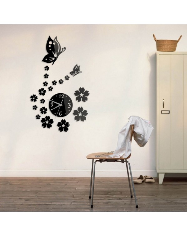 Butterfly  Flower Wall Clock 3D Acrylic Mirror Sticker Modern Design Wall Decor Black