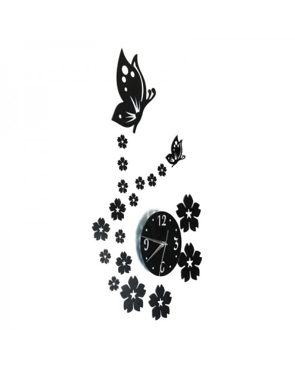 Butterfly  Flower Wall Clock 3D Acrylic Mirror Sticker Modern Design Wall Decor Black