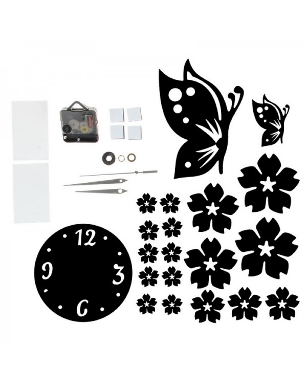 Butterfly  Flower Wall Clock 3D Acrylic Mirror Sticker Modern Design Wall Decor Black