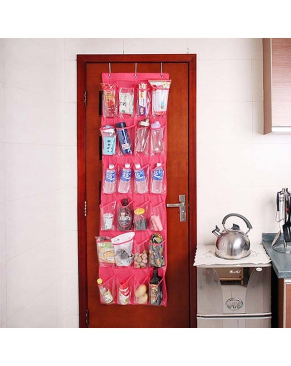 24 Clear Pockets Single-sided Over The Door Shoe Organizer Hanging Storage Bag with 3 Hooks - Pink