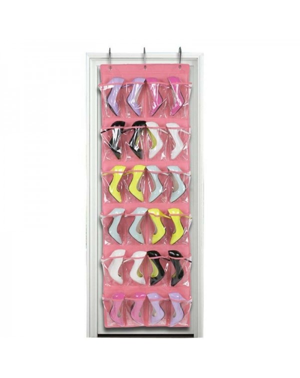 24 Clear Pockets Single-sided Over The Door Shoe Organizer Hanging Storage Bag with 3 Hooks - Pink