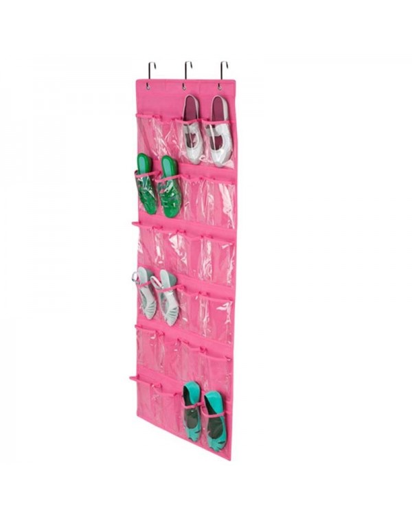 24 Clear Pockets Single-sided Over The Door Shoe Organizer Hanging Storage Bag with 3 Hooks - Pink