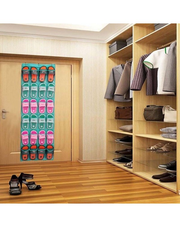 24 Clear Pockets Single-sided Over The Door Shoe Organizer Hanging Storage Bag with 3 Hooks - Green