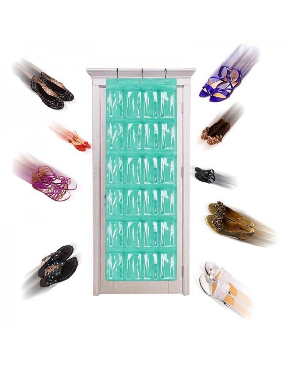 24 Clear Pockets Single-sided Over The Door Shoe Organizer Hanging Storage Bag with 3 Hooks - Green