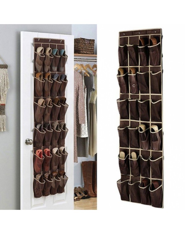 24 Pockets Space Saver Shoe Organizer Over the Door- Coffee