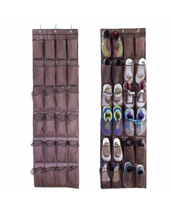 24 Pockets Space Saver Shoe Organizer Over the Door- Coffee