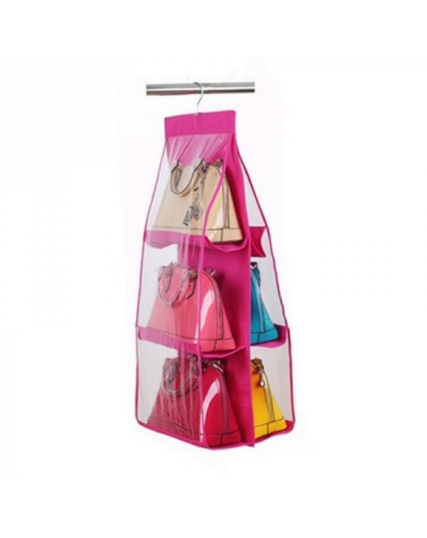 Non-woven Fabric 6-Pocket Dustproof Hanging Handbag Organizer Rose Red