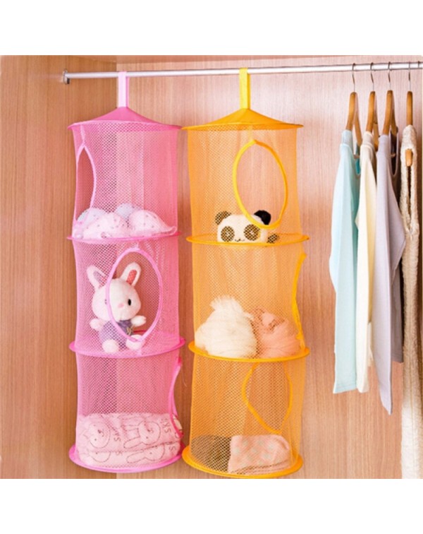 Cylindrical 3-Layer Hanging Storage Net Organizer Bag for Wall Door Closet Yellow