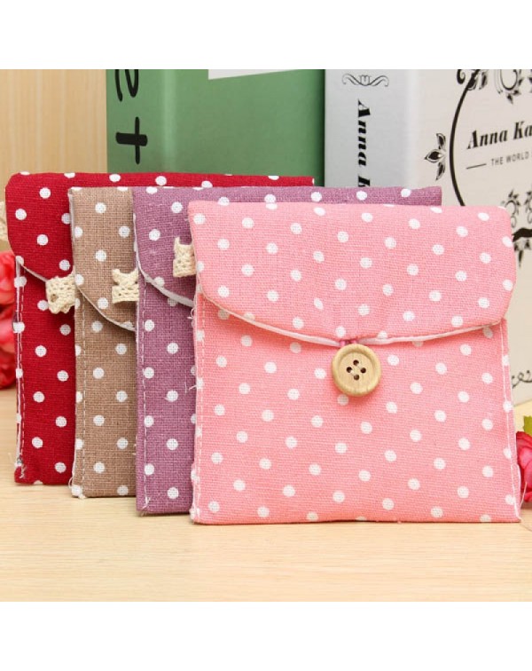 Colored Dots Pattern Girl Lady Cotton Linen Sanitary Napkin Pad Storage Bag Random Color