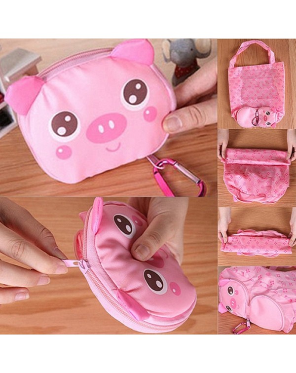 Cute Cartoon Pig Pattern Foldable Reusable Shopping Travel Bag Pouch Tote Handbag Pink