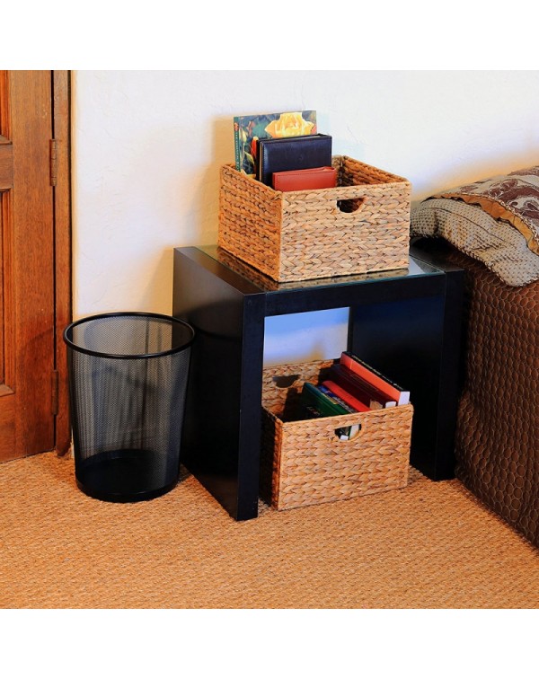 Folding Water Hyacinth Storage Basket Wood Color