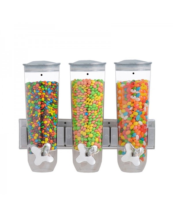 Wall Mounted Triple Cereal Dispenser Dry Food Storage Container - Silver