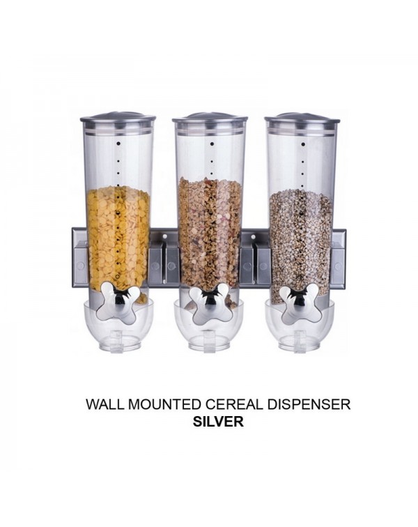 Wall Mounted Triple Cereal Dispenser Dry Food Storage Container - Silver