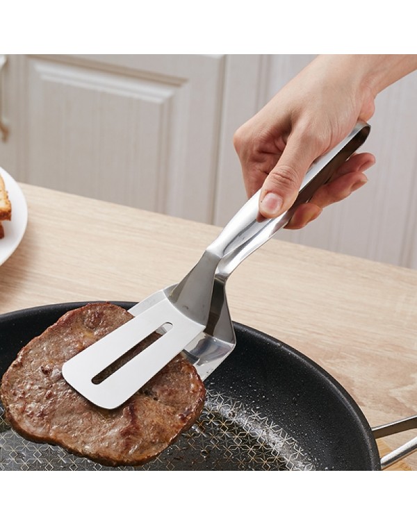 Multi-function Food-grade Stainless Steel BBQ Tongs Barbecue Bread Beef Steak Turner with Clamp Clip Silver