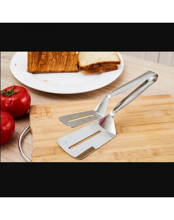 Multi-function Food-grade Stainless Steel BBQ Tongs Barbecue Bread Beef Steak Turner with Clamp Clip Silver