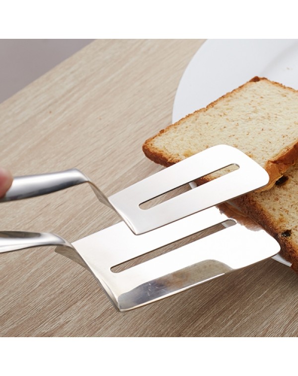 Multi-function Food-grade Stainless Steel BBQ Tongs Barbecue Bread Beef Steak Turner with Clamp Clip Silver