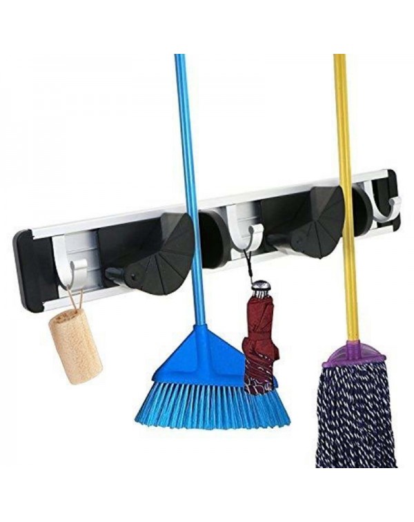 Multifunctional Aluminium Wall Mounted Mop Broom Holder Brush Rack Hanger with 2 Position 3 Hooks