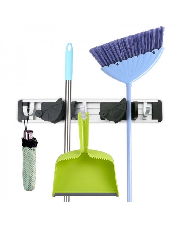 Multifunctional Aluminium Wall Mounted Mop Broom Holder Brush Rack Hanger with 2 Position 3 Hooks