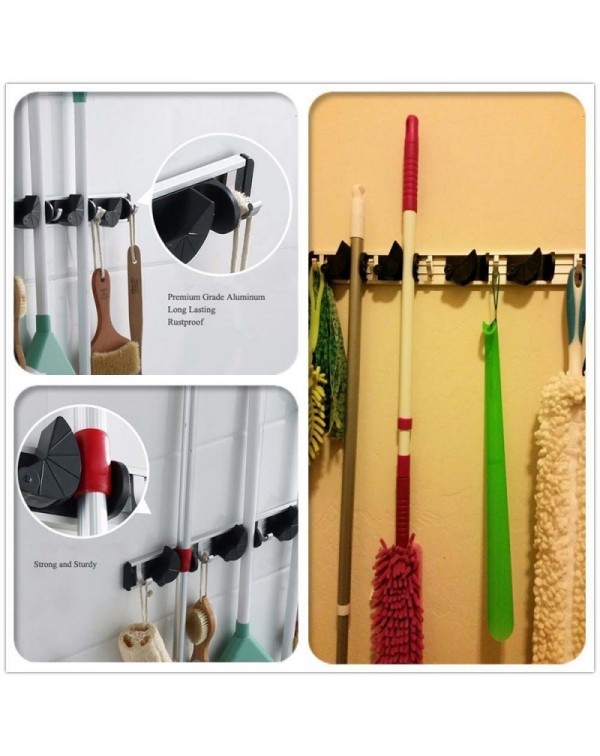 Multifunctional Aluminium Wall Mounted Mop Broom Holder Brush Rack Hanger with 3 Position 4 Hooks