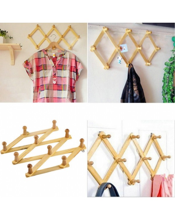 10 Hooks Expandable Folding Wood Coat Rack Hook Storage Hanger